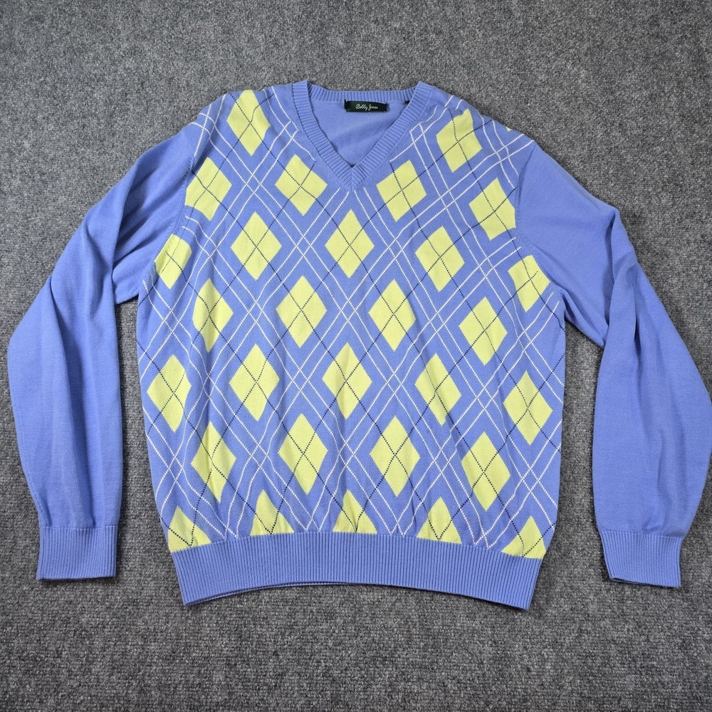 Bobby Jones Argyle Sweater Blue Green Pima Cotton Large‎ L Limb Sleeve